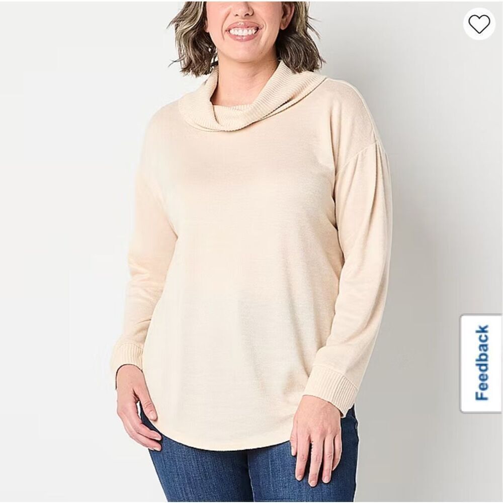 NWT ST. JOHN’S BAY Women’s Tunic‎ Top XL Beige Long Sleeve Cowl Neck Curved Hem